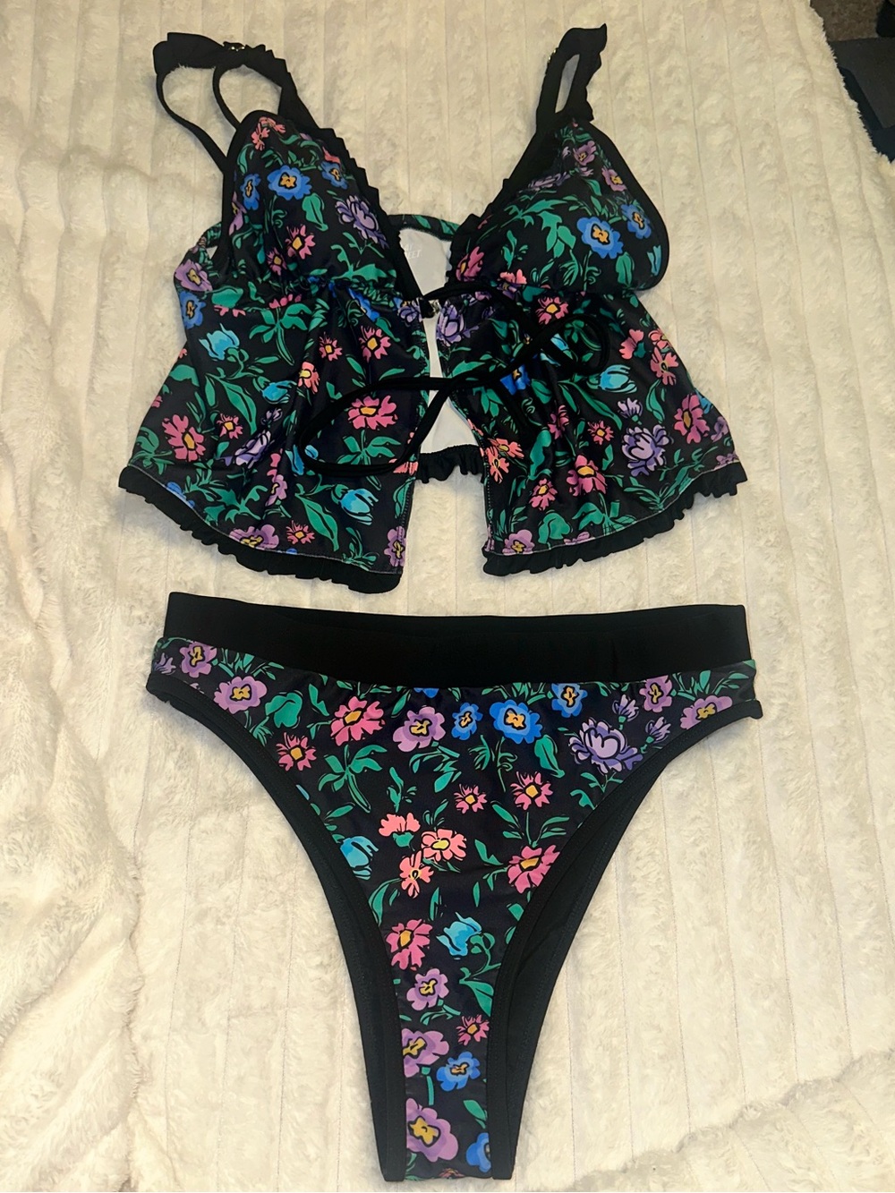 Black and Floral Swim Set – High Rise Bikini Bottom + Tankini Top – XL
